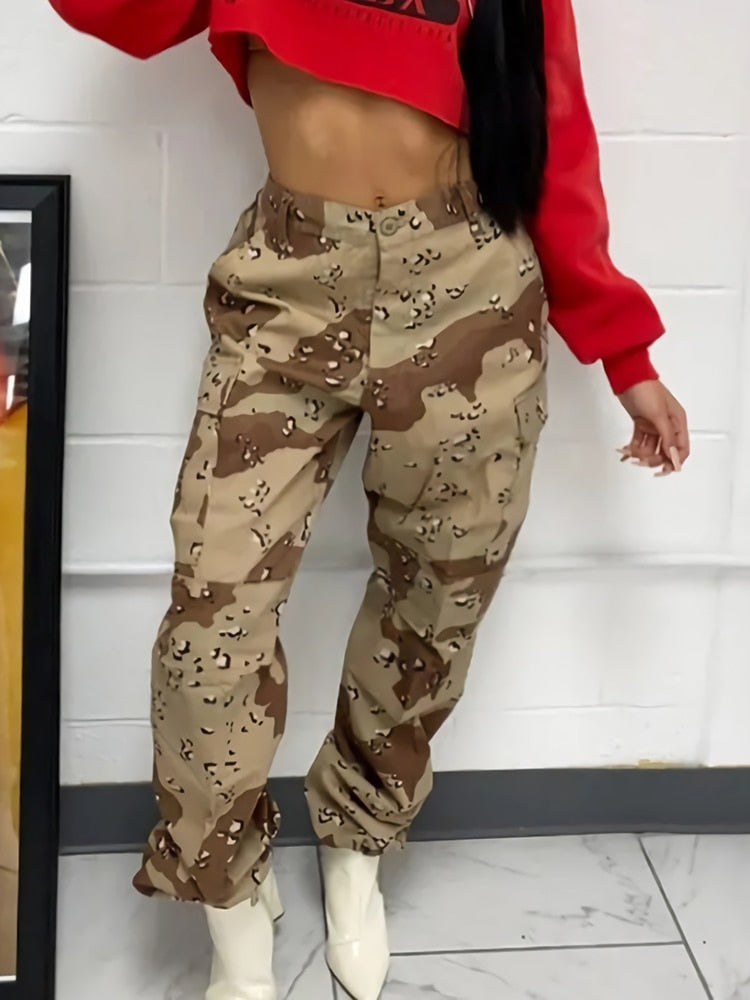 Sifreyr Camouflage Print Y2K Casual Trousers Women Fashion Pockets Patchwork Cargo Baggy Straight Pants High Waist Grunge Pants